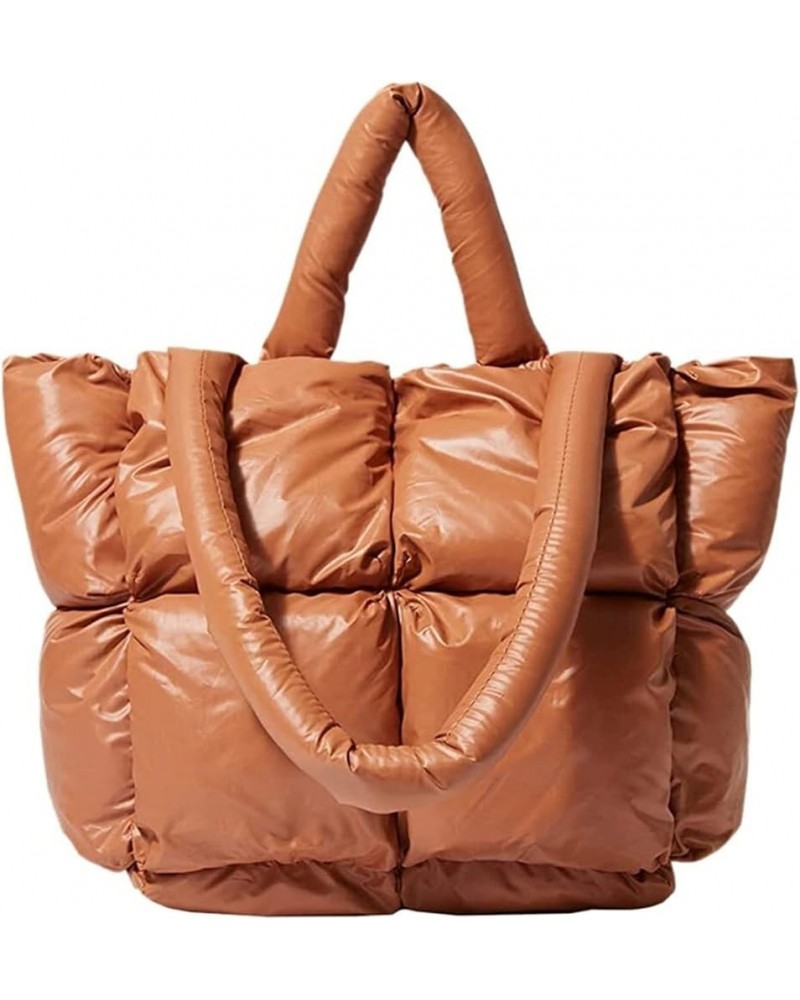 Women's Down Tote Bag Puffer Tote, Cotton Padding Quilted Fluffy Tote Shoulder Tote Purse Brown $19.93 Totes