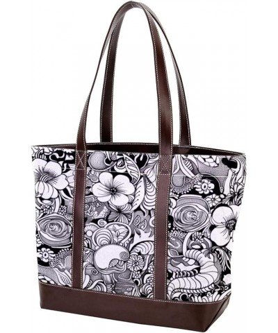 Tote Bag for Women, Large Tote Bag, Women's Tote Handbags, Modern Abstract Art Flowers Black White Vintage, Womens Tote Bag P...