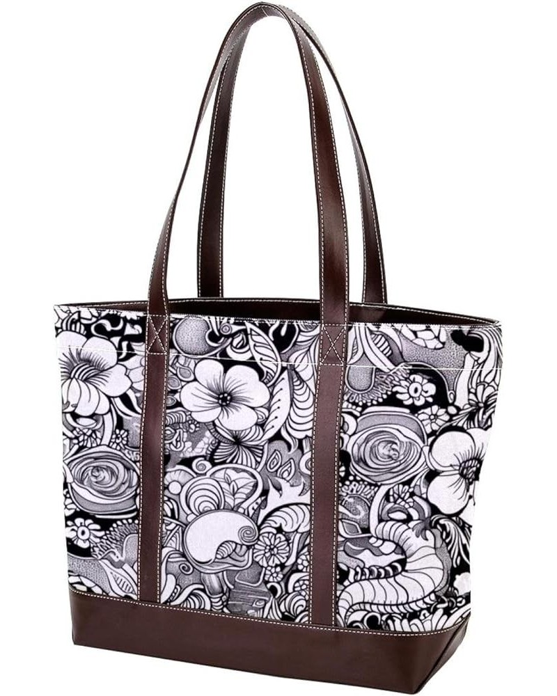 Tote Bag for Women, Large Tote Bag, Women's Tote Handbags, Modern Abstract Art Flowers Black White Vintage, Womens Tote Bag P...