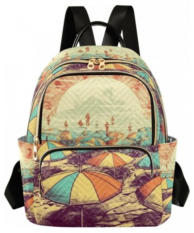 Moon Floral Sky Quilted Backpack Ladies Backpack Quilted Travel Bag Colorful Sun Umbrellas By the Sea American Retro Medium $...