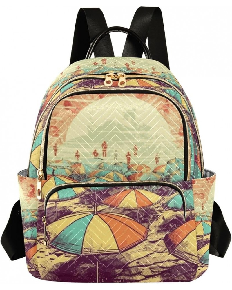 Moon Floral Sky Quilted Backpack Ladies Backpack Quilted Travel Bag Colorful Sun Umbrellas By the Sea American Retro Medium $...