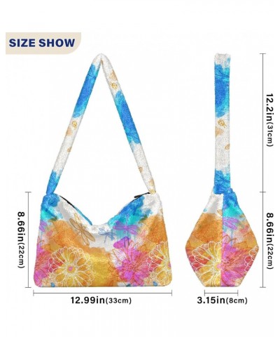 Flowers Butterflies Plush Underarm Bag Women's Tote Handbags Fluffy Shoulder Bag Purse Lightweight Tote Bags Phone Purse for ...