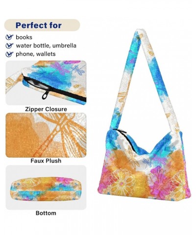 Flowers Butterflies Plush Underarm Bag Women's Tote Handbags Fluffy Shoulder Bag Purse Lightweight Tote Bags Phone Purse for ...