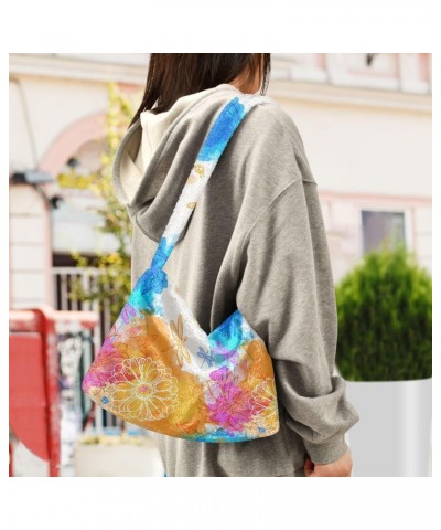 Flowers Butterflies Plush Underarm Bag Women's Tote Handbags Fluffy Shoulder Bag Purse Lightweight Tote Bags Phone Purse for ...