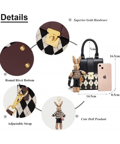 Quilted Lattice Crossbody Shoulder Bags for Women Small Tote Square Satchel Handbags Purse with Bunny Doll Pendant Quilted Br...