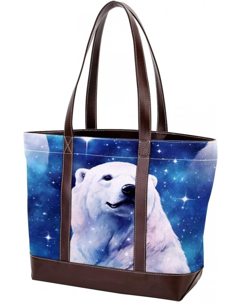 Polar Bear Canvas Leather Mix Hand-Held Tote Bag 13.3x4.7x12.2 in - Stylish and Versatile Fashion Accessory! $19.20 Totes