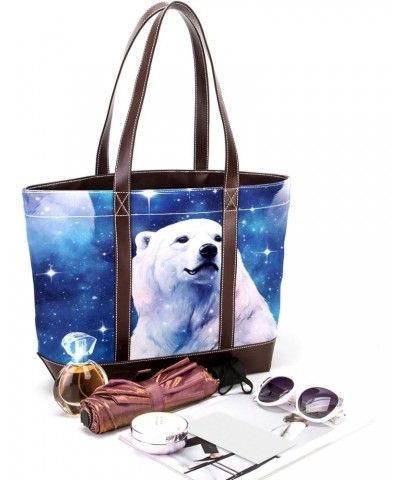 Polar Bear Canvas Leather Mix Hand-Held Tote Bag 13.3x4.7x12.2 in - Stylish and Versatile Fashion Accessory! $19.20 Totes