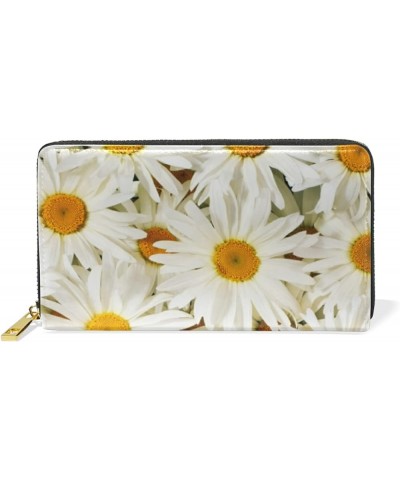 Seamless Magnolia Flowers with White Flowers on Navy Blue Leather Long Wallet Organizer with Zipper Purse Clutch Bag for Wome...