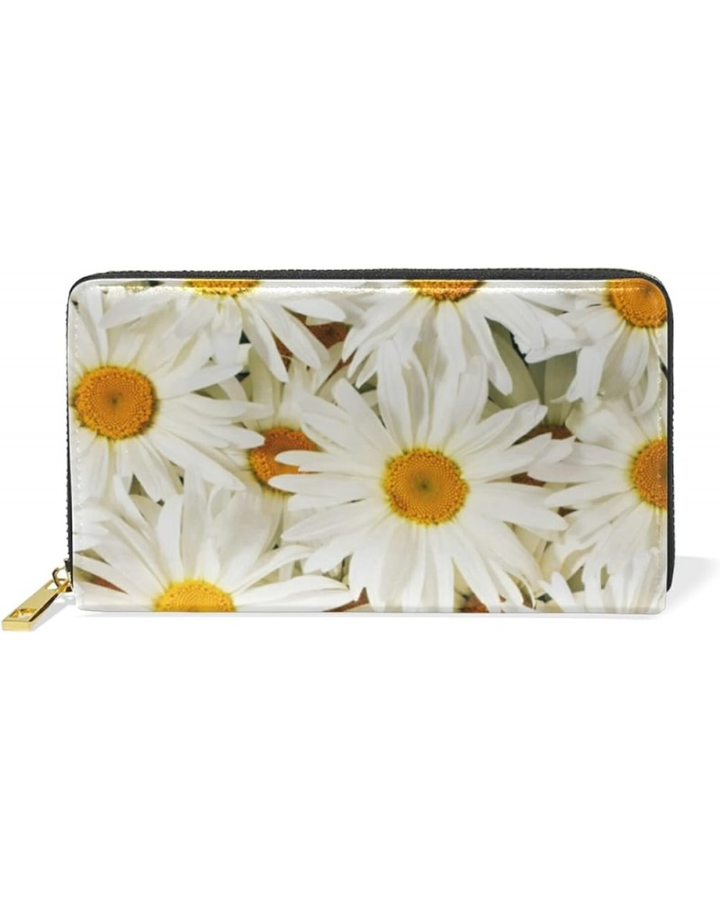 Seamless Magnolia Flowers with White Flowers on Navy Blue Leather Long Wallet Organizer with Zipper Purse Clutch Bag for Wome...