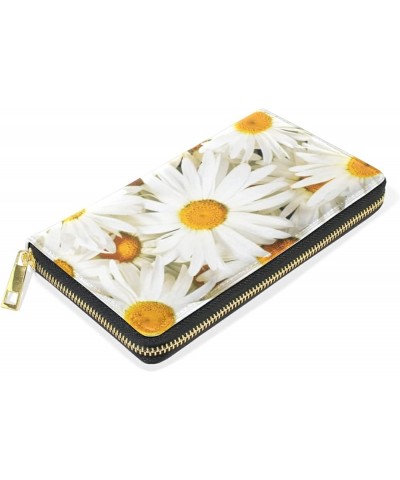 Seamless Magnolia Flowers with White Flowers on Navy Blue Leather Long Wallet Organizer with Zipper Purse Clutch Bag for Wome...