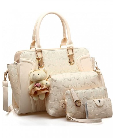 4Pcs Handbag Set for Women, PU Leather Tote Shoulder Bags Top Handle Satchel Bag Purse Clutch Card Holder with Bear Pendant W...