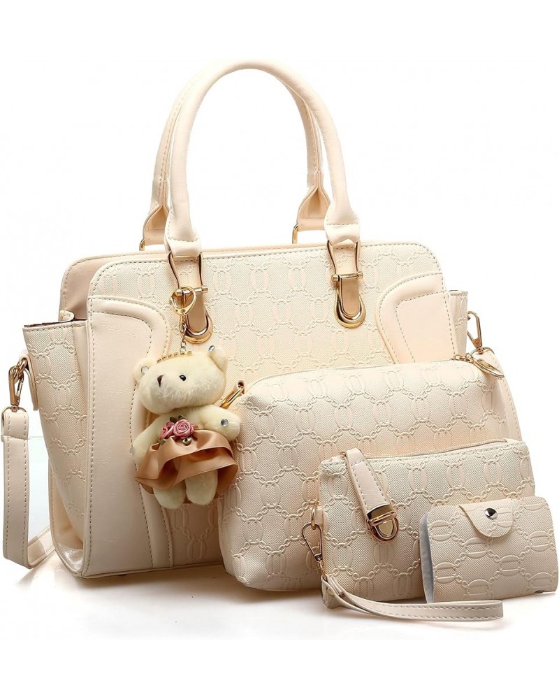 4Pcs Handbag Set for Women, PU Leather Tote Shoulder Bags Top Handle Satchel Bag Purse Clutch Card Holder with Bear Pendant W...