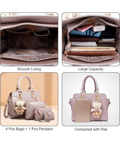 4Pcs Handbag Set for Women, PU Leather Tote Shoulder Bags Top Handle Satchel Bag Purse Clutch Card Holder with Bear Pendant W...