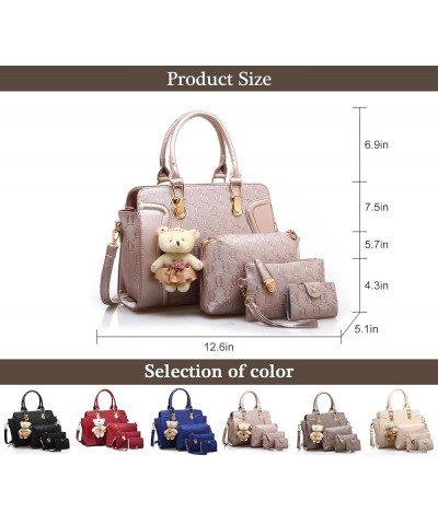 4Pcs Handbag Set for Women, PU Leather Tote Shoulder Bags Top Handle Satchel Bag Purse Clutch Card Holder with Bear Pendant W...