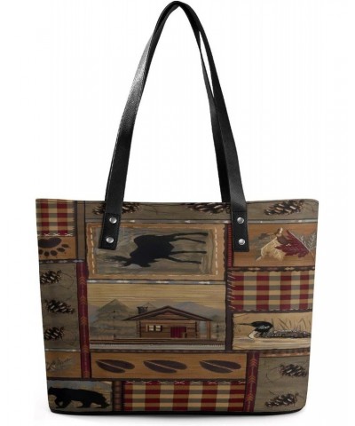 Natural Rustic Cabin Wild Lodge Check Plaid Pattern Women Tote Bags Top Handle Satchel Handbags Faux Leather Tassel Shoulder ...