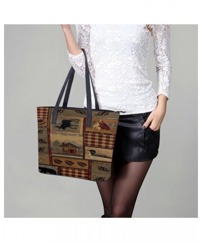 Natural Rustic Cabin Wild Lodge Check Plaid Pattern Women Tote Bags Top Handle Satchel Handbags Faux Leather Tassel Shoulder ...