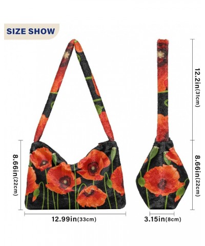 Red Poppies Black Furry Tote Bag for Women Crossbody Bag Shoulder Purse Handbag Satchel Handbag with Zipper for Autumn Winter...