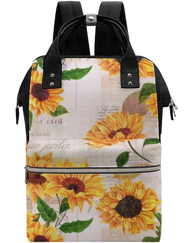 Summer Flowers Pattern Travel Backpack Mommy Bag for Women, Casual Daypack Backpack, Handbag Black Yellow Watercolor Sunflowe...