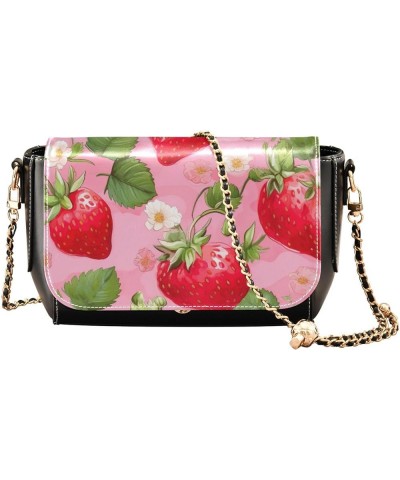 Watercolor Strawberry on Pink Women Leather Crossbody Bag, Leather Shoulder Bags, Leather Gifts for Women Watercolor Strawber...