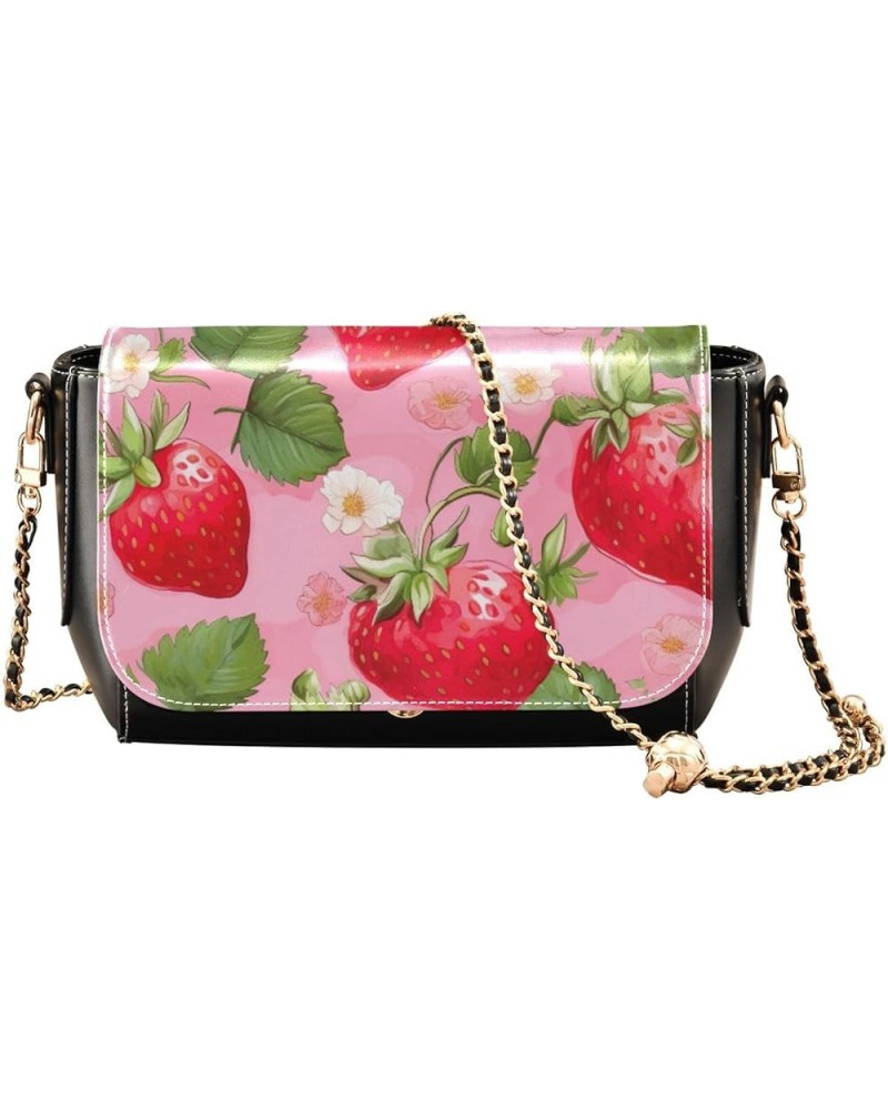 Watercolor Strawberry on Pink Women Leather Crossbody Bag, Leather Shoulder Bags, Leather Gifts for Women Watercolor Strawber...