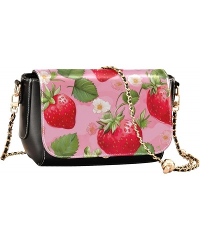 Watercolor Strawberry on Pink Women Leather Crossbody Bag, Leather Shoulder Bags, Leather Gifts for Women Watercolor Strawber...