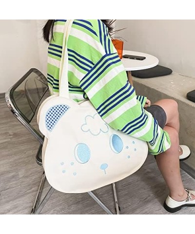 Retro Cute Cartoon Embroidered Bear Women's Plaid Canvas Shoulder Bag (White) White $18.16 Shoulder Bags