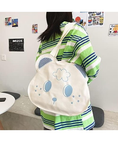 Retro Cute Cartoon Embroidered Bear Women's Plaid Canvas Shoulder Bag (White) White $18.16 Shoulder Bags