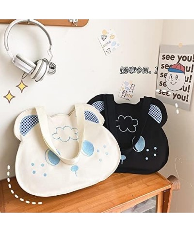 Retro Cute Cartoon Embroidered Bear Women's Plaid Canvas Shoulder Bag (White) White $18.16 Shoulder Bags