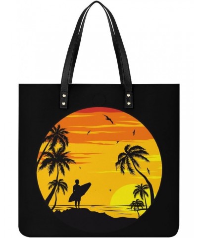 Sunset Beach Surfer Women's Tote Bag PU Leather Handbag Shoulder Purse Fashion Top-Handle Bags $14.84 Totes