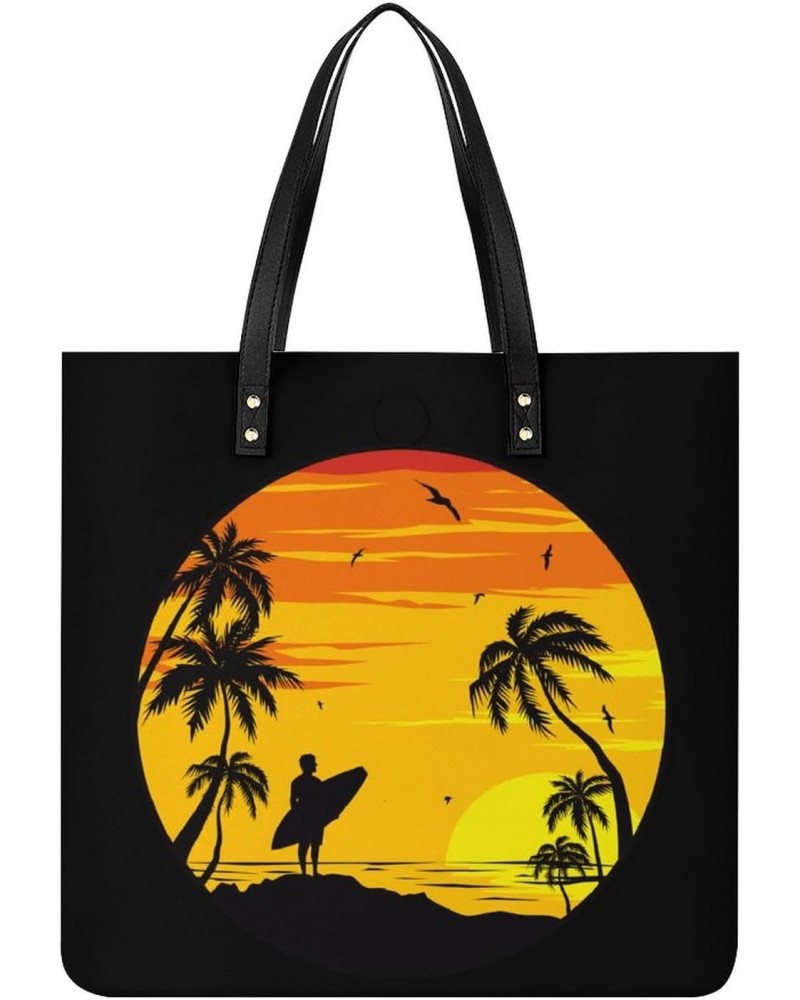 Sunset Beach Surfer Women's Tote Bag PU Leather Handbag Shoulder Purse Fashion Top-Handle Bags $14.84 Totes