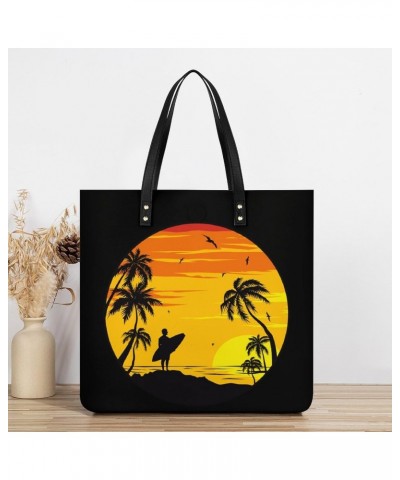 Sunset Beach Surfer Women's Tote Bag PU Leather Handbag Shoulder Purse Fashion Top-Handle Bags $14.84 Totes