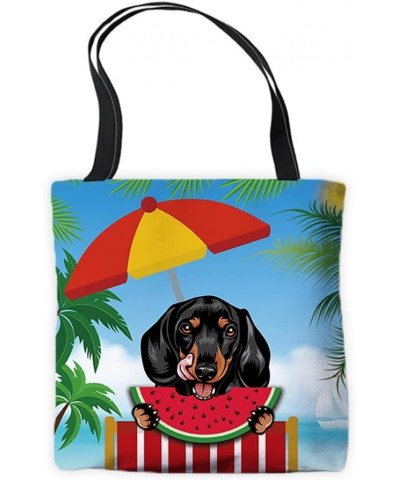 Summer Watermelon Canvas Tote Bags Peeking Dog Dachshund Funny Puppy Palm Tree Parasol Beach Chair Vocation Handbags Dachshun...