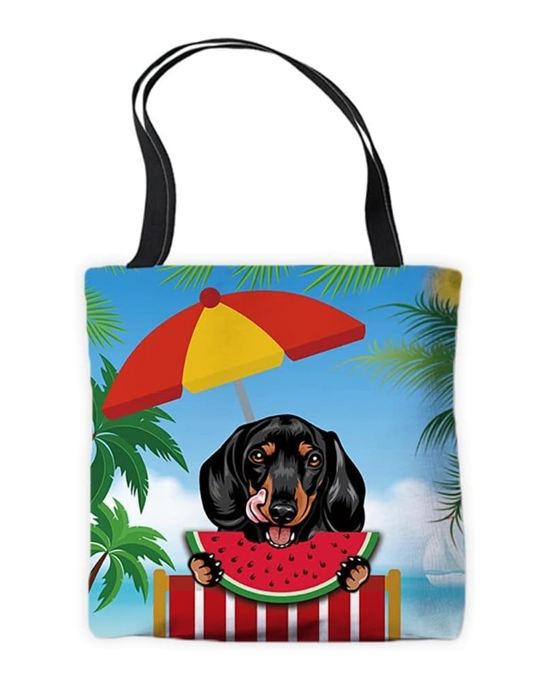 Summer Watermelon Canvas Tote Bags Peeking Dog Dachshund Funny Puppy Palm Tree Parasol Beach Chair Vocation Handbags Dachshun...