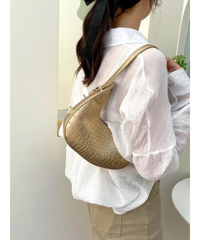 Women's Fashionable Crescent Hobo Bag Metallic Clutch Purse Crocodile Hobo Handbag Shoulder Purse Black One Size Gold Pu Leat...