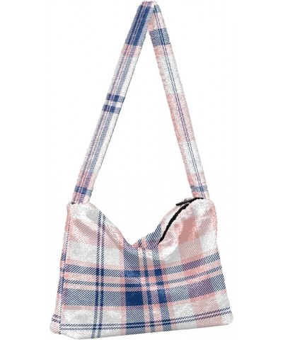 Colorful Plaid Stripe Womens Shoulder Purse, Fuzzy Tote Women Purse Hobo Handbags Tartan Plaid Repeat Texture $11.75 Totes