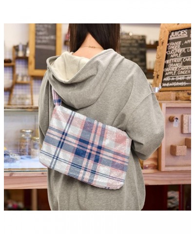 Colorful Plaid Stripe Womens Shoulder Purse, Fuzzy Tote Women Purse Hobo Handbags Tartan Plaid Repeat Texture $11.75 Totes