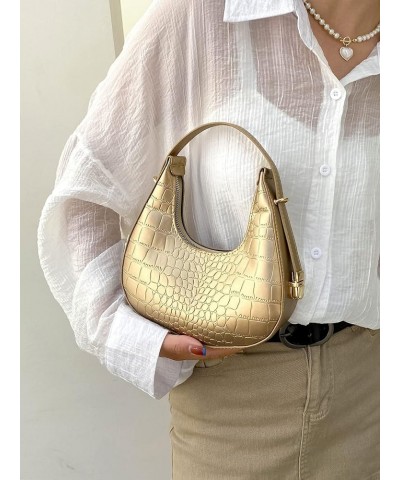 Women's Fashionable Crescent Hobo Bag Metallic Clutch Purse Crocodile Hobo Handbag Shoulder Purse Black One Size Gold Pu Leat...