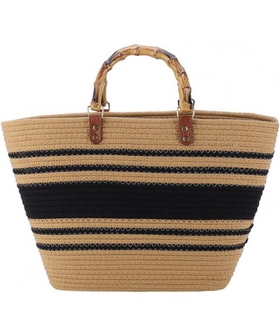 Large Capacity Tote Bag for Women Hand-Woven Straw Bag with Plastic Handle Woven Summer Tote Handbag Travel Beach Khaki-black...