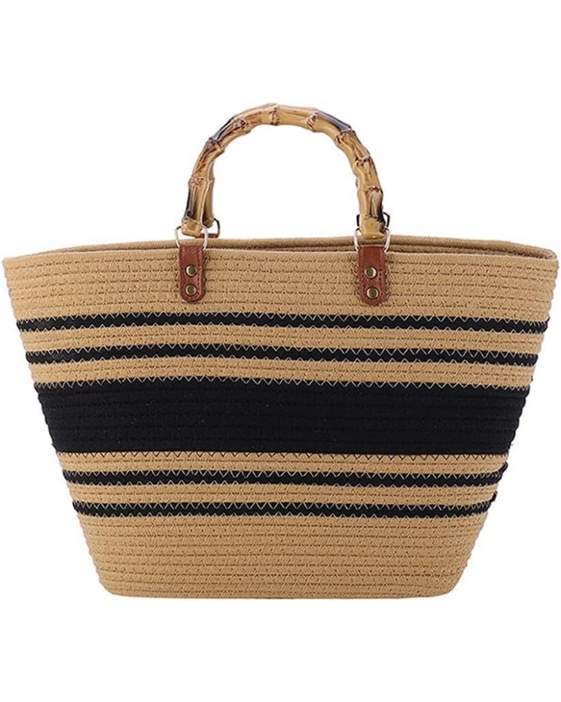 Large Capacity Tote Bag for Women Hand-Woven Straw Bag with Plastic Handle Woven Summer Tote Handbag Travel Beach Khaki-black...