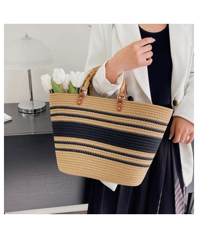 Large Capacity Tote Bag for Women Hand-Woven Straw Bag with Plastic Handle Woven Summer Tote Handbag Travel Beach Khaki-black...