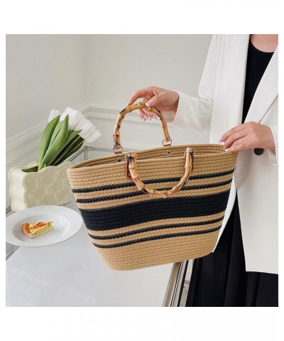 Large Capacity Tote Bag for Women Hand-Woven Straw Bag with Plastic Handle Woven Summer Tote Handbag Travel Beach Khaki-black...