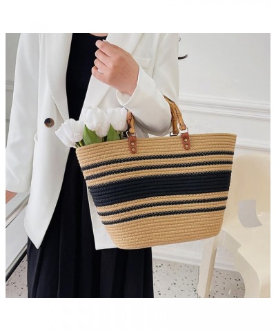 Large Capacity Tote Bag for Women Hand-Woven Straw Bag with Plastic Handle Woven Summer Tote Handbag Travel Beach Khaki-black...