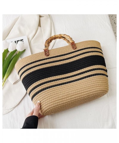 Large Capacity Tote Bag for Women Hand-Woven Straw Bag with Plastic Handle Woven Summer Tote Handbag Travel Beach Khaki-black...