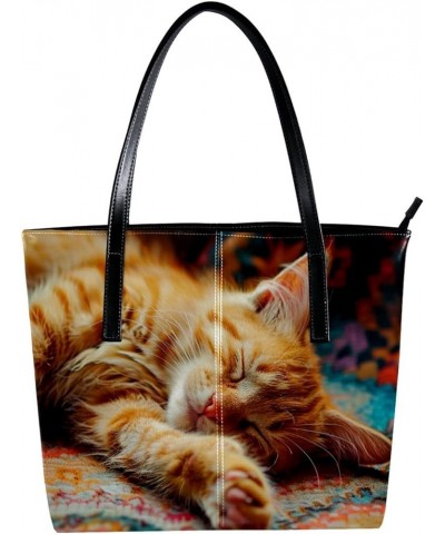 Tote Bag, Faux Leather Large Tote Bags for Women, Tote Bag with Zipper, Orange Cat Animal, Womens Tote Bag Pattern 6984 $18.0...