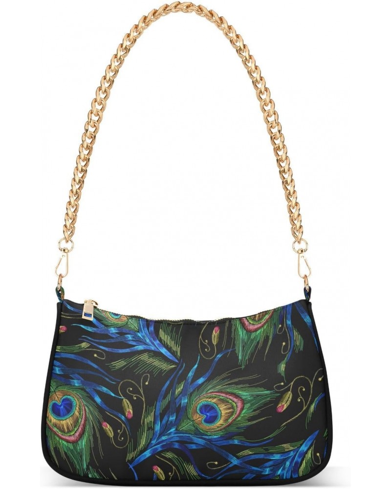 Small Chain Shoulder Bag for Women Blue Peacock Feathers Flying Butterflies Tropical Birds Hobo Handbags Tote Clutch Bag Ladi...