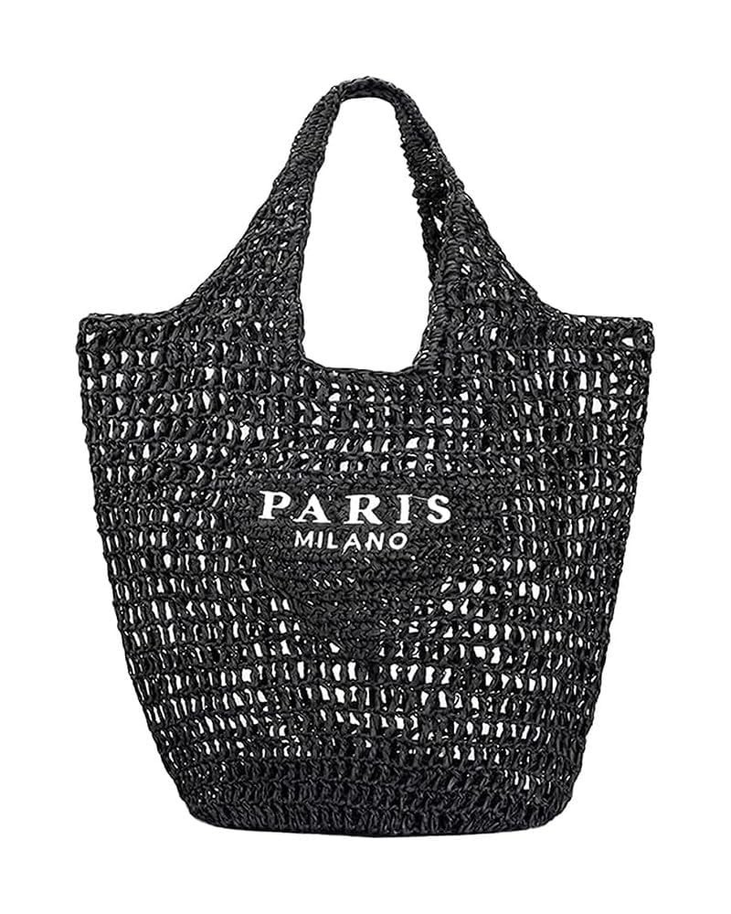 Straw Mesh Tote Bag Beach Women Large Travel Paris Shoulder Handbags Woven Hollow Fishnet Shape Soft Black $17.38 Totes