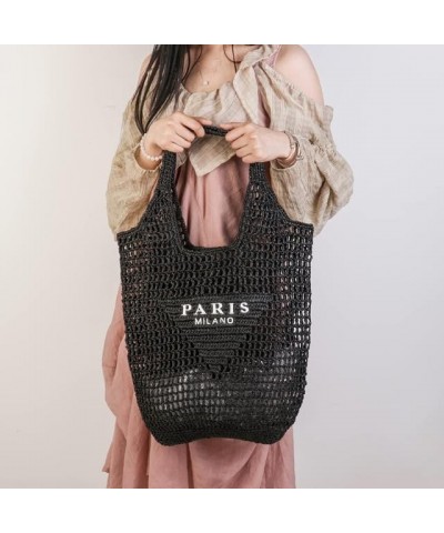 Straw Mesh Tote Bag Beach Women Large Travel Paris Shoulder Handbags Woven Hollow Fishnet Shape Soft Black $17.38 Totes