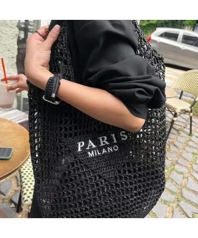 Straw Mesh Tote Bag Beach Women Large Travel Paris Shoulder Handbags Woven Hollow Fishnet Shape Soft Black $17.38 Totes