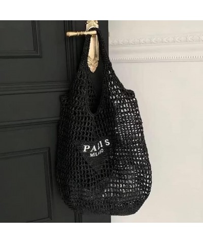 Straw Mesh Tote Bag Beach Women Large Travel Paris Shoulder Handbags Woven Hollow Fishnet Shape Soft Black $17.38 Totes