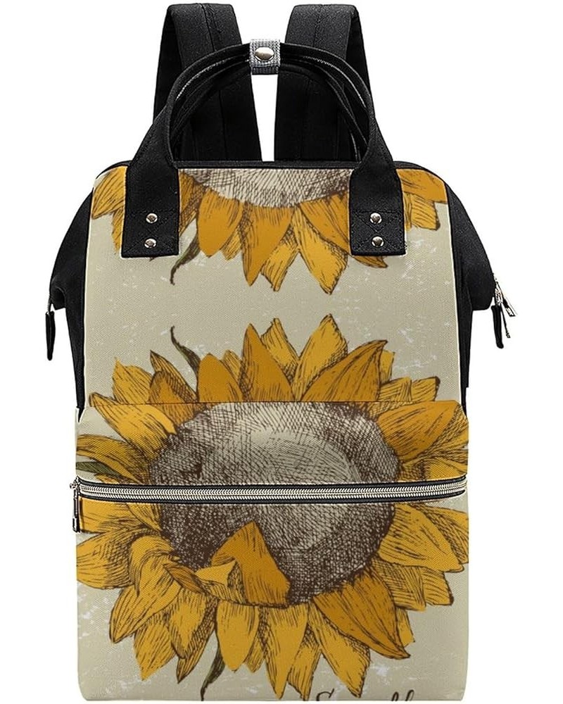 Floral Pattern with Flowers Backpack Work Business, Travel Rucksack Daypack for Adults Women, Handbag,Black Hand Drawn Sunflo...